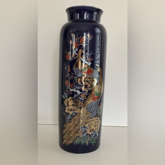 VASE COBALT BLUE INTERPUR PEACOCK VASE GOLD TRIM MADE IN JAPAN 10.75 " TALL - Picture 2 of 7